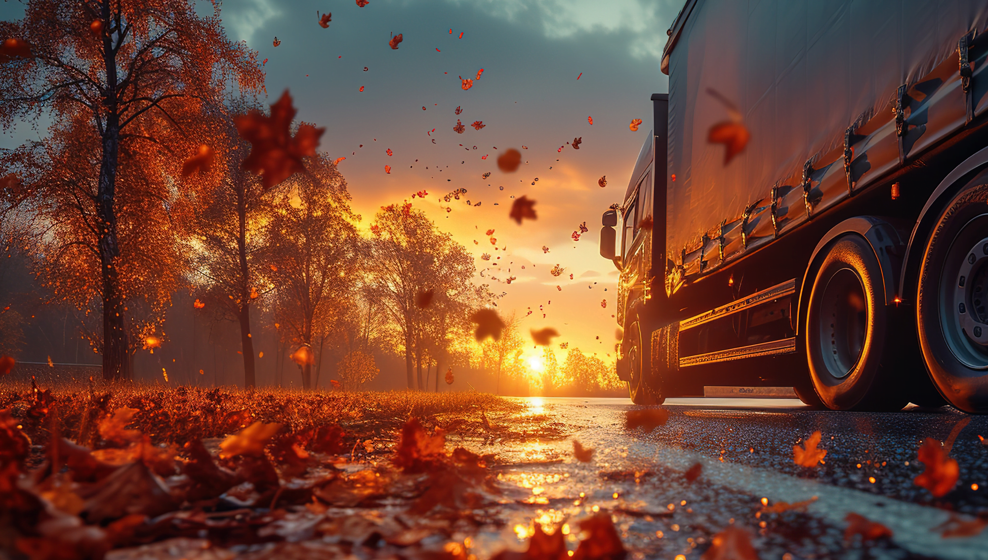 Truck and trailer ready for fall maintenance with autumn leaves in the background.