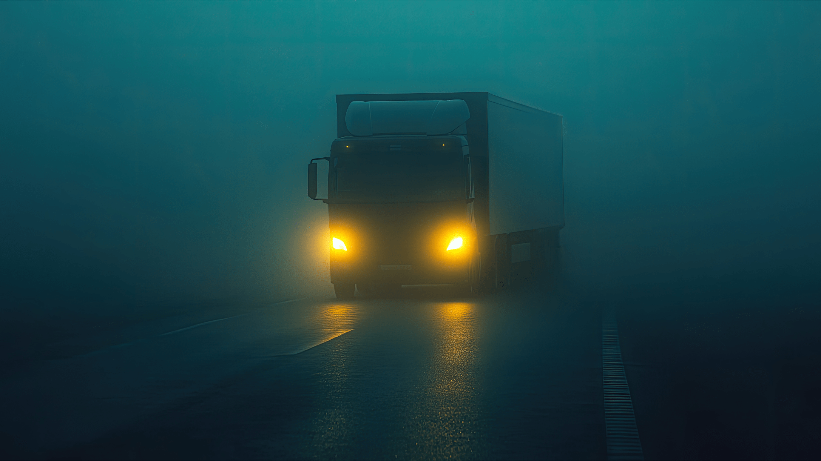 Truck navigating through dense fog with low visibility on a highway.